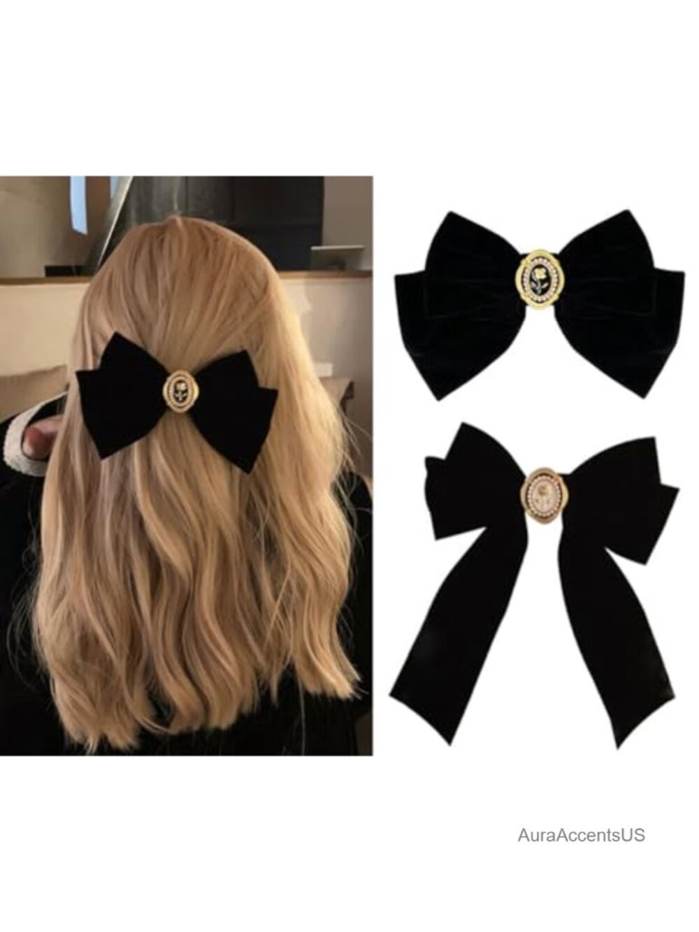 2 Pc Velvet Bow Hair Clips with Rose Pearl Duckbill Clips